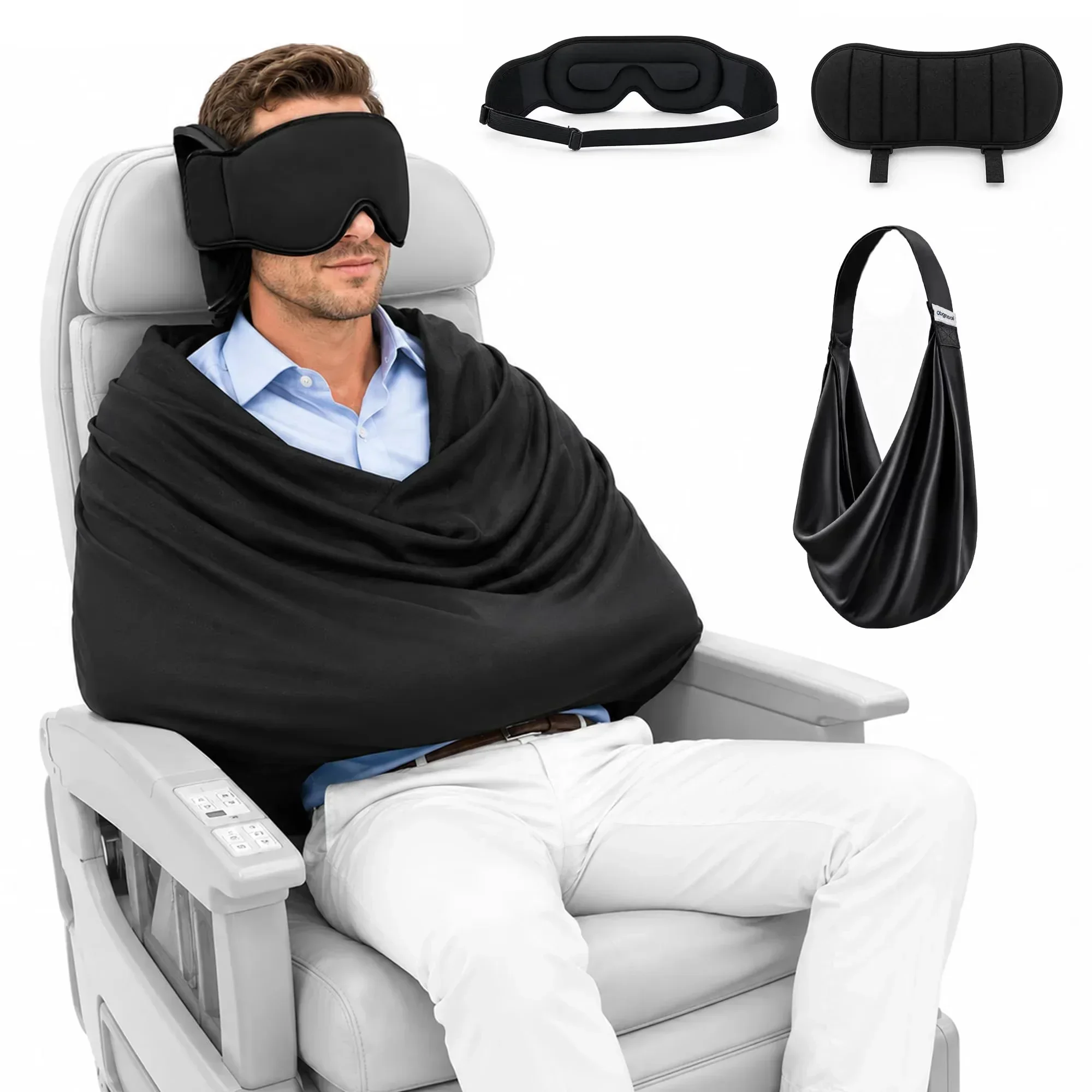 Travel Accessories Long Flight - NWE 3-in-1 飛行機用睡眠サポートシステム。メモリーフォームを使用した長距離フライト用枕と、調整可能な旅行用アイマスクが付属。
