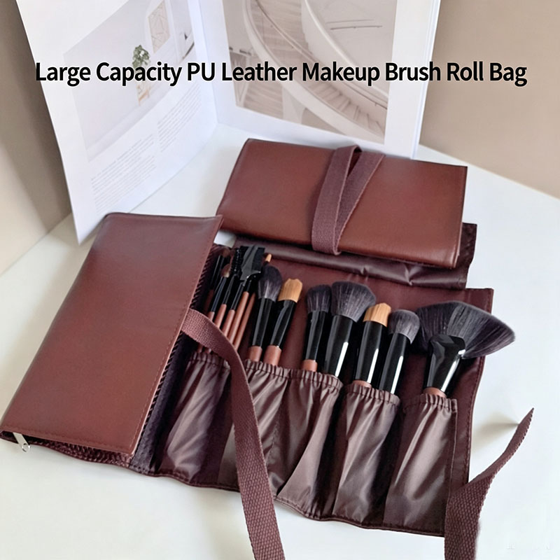 Travel Accessories Organizer Bag - PUレザー製メイクブラシロールバッグ、折りたたみ式化粧ブラシ収納ポーチ、トラベル用マルチスロットメイクオーガナイザーバッグ（バインディングストラップ付き）