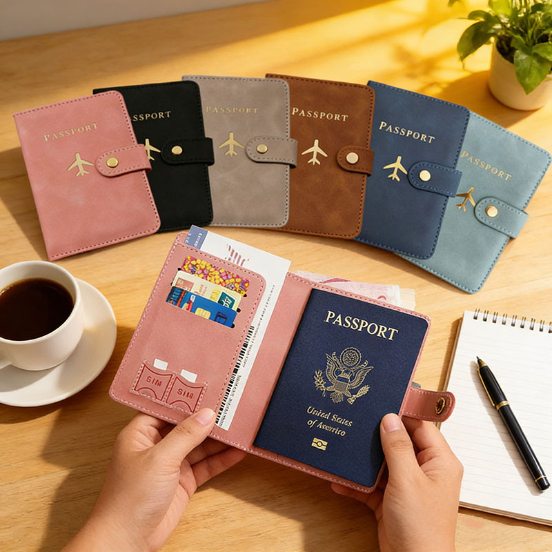 Travel Accessories Wallet - レザーパスポートホルダーカバーケース、旅行必需品、クレジットカードウォレット、女性/男性用パスポートブック、バックル付きパスポートカバー