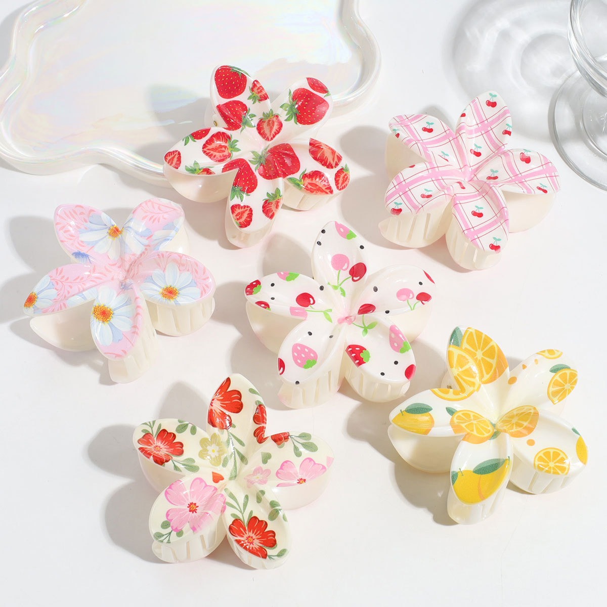 Travel Accessories Aesthetic - 3 個かわいいファッションカラフルなフルーツフラワープリント卵の花女性プラスチックグラブクリップ小さな新鮮な遊び心のあるポニーテールヘアアクセサリー